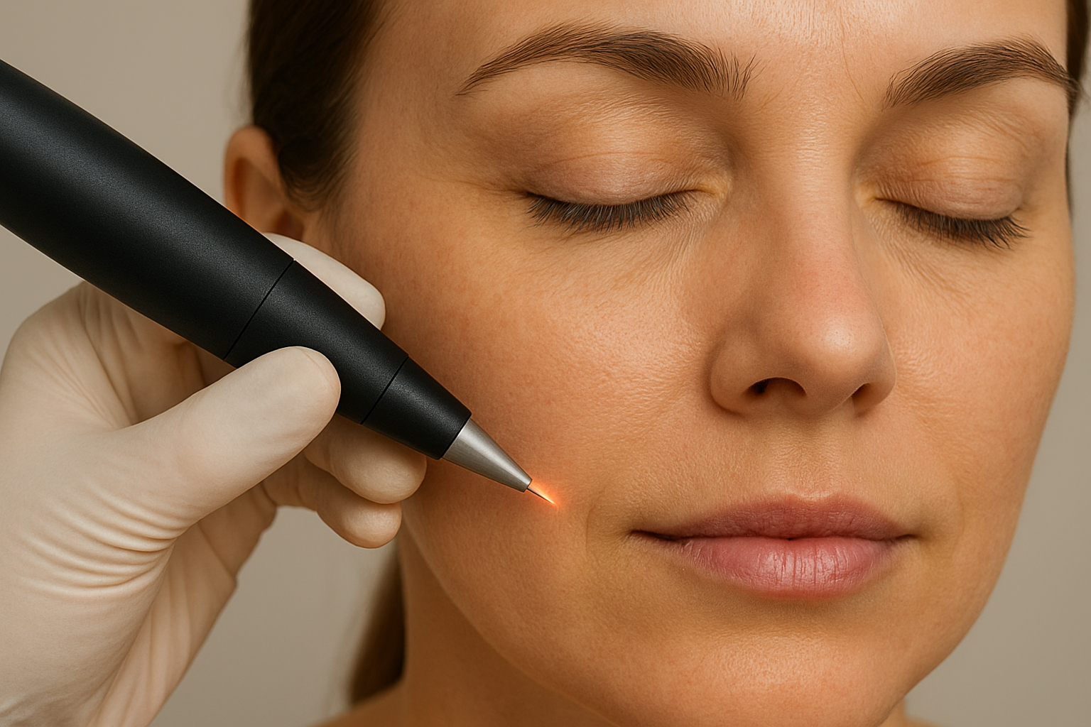 Plasma pen fibroblast treatment picture of a client and the device 